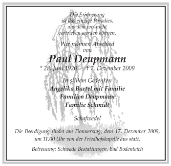 Traueranzeige von Paul Deupmann von ALLGEMEINE ZEITUNG UELZEN