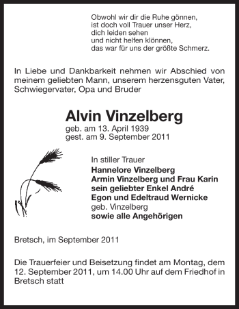 Traueranzeige von Alvin Vinzelberg von ALLGEMEINE ZEITUNG UELZEN