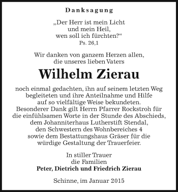 Traueranzeige von Wilhelm Zierau von Uelzen