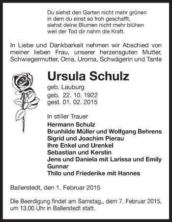 Traueranzeige von Ursula Schulz von Uelzen