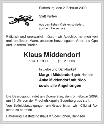 Traueranzeige von Klaus Middendorf von ALLGEMEINE ZEITUNG UELZEN