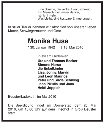 Traueranzeige von Monika Huse von ALLGEMEINE ZEITUNG UELZEN