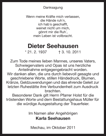 Traueranzeige von Dieter Seehausen von ALLGEMEINE ZEITUNG UELZEN