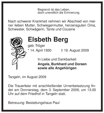 Traueranzeige von Elsbeth Berg von ALLGEMEINE ZEITUNG UELZEN