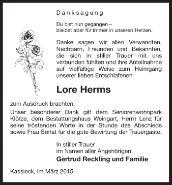 Traueranzeige von Lore Herms von Uelzen