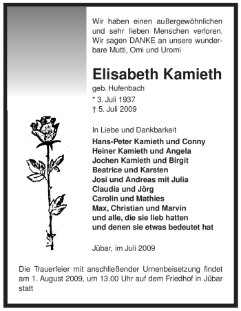 Traueranzeige von Elisabeth Kamieth von ALLGEMEINE ZEITUNG UELZEN