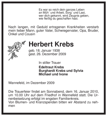 Traueranzeige von Herbert Krebs von ALLGEMEINE ZEITUNG UELZEN