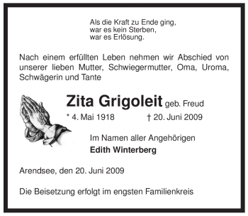 Traueranzeige von Zita Grigoleit von ALLGEMEINE ZEITUNG UELZEN