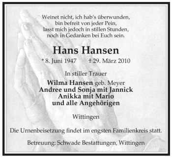 Traueranzeige von Hans Hansen von ALLGEMEINE ZEITUNG UELZEN