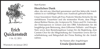 Traueranzeige von Erich Quickenstedt von ALLGEMEINE ZEITUNG UELZEN