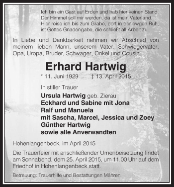 Traueranzeige von Erhard Hartwig von Uelzen