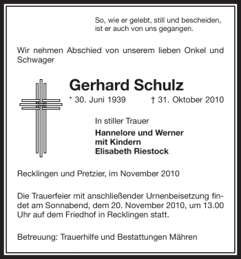 Traueranzeige von Gerhard Schulz von ALLGEMEINE ZEITUNG UELZEN