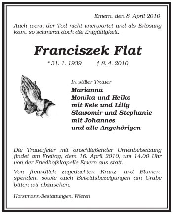 Traueranzeige von Franciszek Flat von ALLGEMEINE ZEITUNG UELZEN