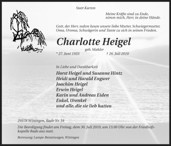 Traueranzeige von Charlotte Heigel von ALLGEMEINE ZEITUNG UELZEN