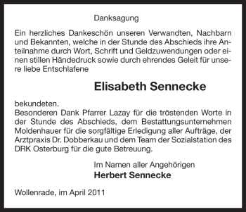 Traueranzeige von Elisabeth Sennecke von ALLGEMEINE ZEITUNG UELZEN