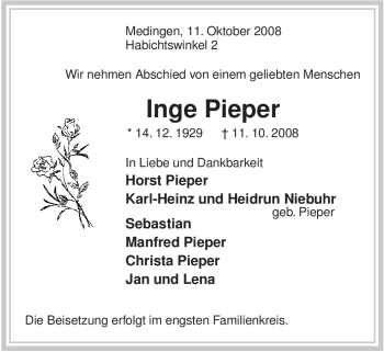 Traueranzeige von Inge Pieper von ALLGEMEINE ZEITUNG UELZEN