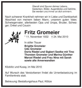 Traueranzeige von Fritz Gromeier von ALLGEMEINE ZEITUNG UELZEN