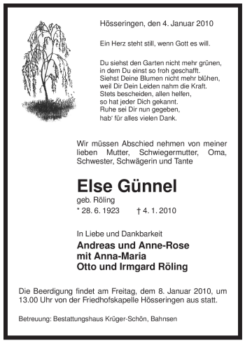Traueranzeige von Else Günnel von ALLGEMEINE ZEITUNG UELZEN