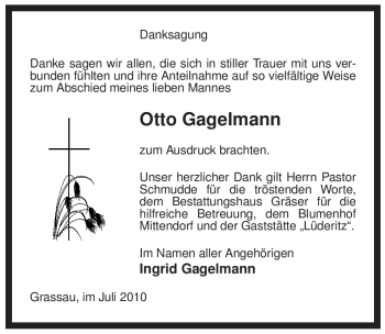 Traueranzeige von Otto Gagelmann von ALLGEMEINE ZEITUNG UELZEN