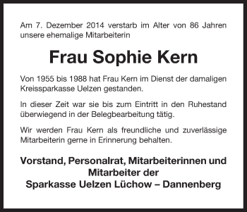 Traueranzeige von Sophie Kern von Uelzen
