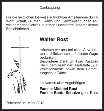 Traueranzeige von Walter Rost von ALLGEMEINE ZEITUNG UELZEN