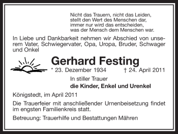 Traueranzeige von Gerhard Festing von ALLGEMEINE ZEITUNG UELZEN