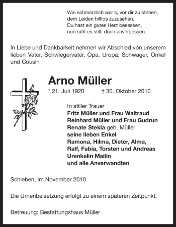 Traueranzeige von Arno Müller von ALLGEMEINE ZEITUNG UELZEN