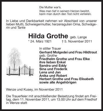 Traueranzeige von Hilda Grothe von ALLGEMEINE ZEITUNG UELZEN