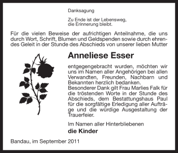 Traueranzeige von Anneliese Esser von ALLGEMEINE ZEITUNG UELZEN