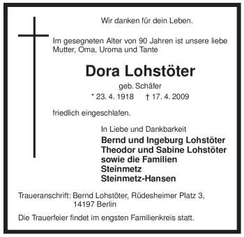 Traueranzeige von Dora Lohstöter von ALLGEMEINE ZEITUNG UELZEN