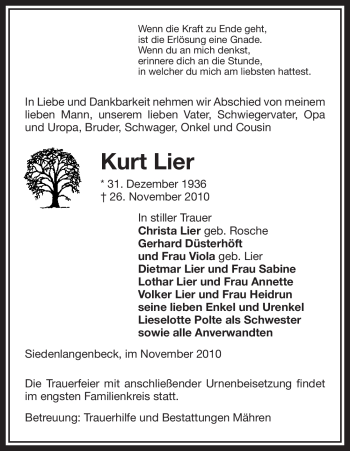 Traueranzeige von Kurt Lier von ALLGEMEINE ZEITUNG UELZEN