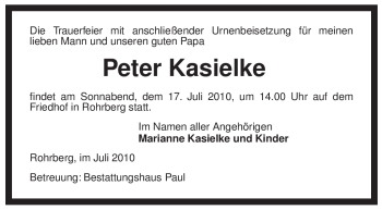 Traueranzeige von Peter Kasielke von ALLGEMEINE ZEITUNG UELZEN