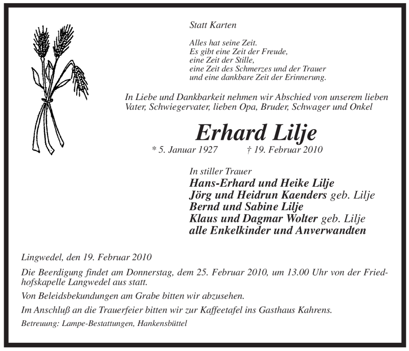  Traueranzeige für Erhard Lilje vom 22.02.2010 aus ALLGEMEINE ZEITUNG UELZEN