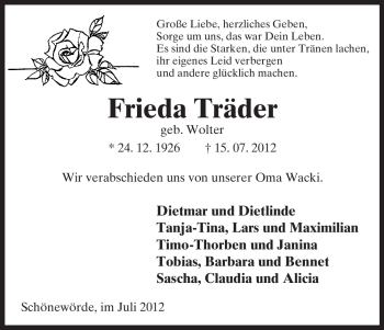 Traueranzeige von Frieda Träder von ALLGEMEINE ZEITUNG UELZEN