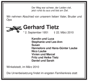 Traueranzeige von Gerhard Tietz von ALLGEMEINE ZEITUNG UELZEN