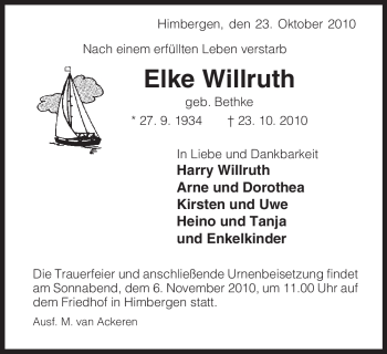 Traueranzeige von Elke Willruth von ALLGEMEINE ZEITUNG UELZEN