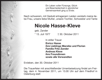 Traueranzeige von Nicole Hasse-Kleve von ALLGEMEINE ZEITUNG UELZEN