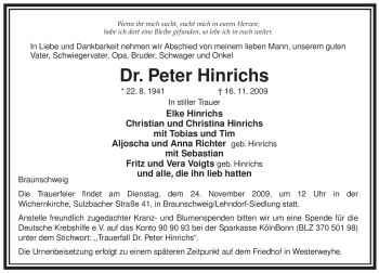 Traueranzeige von Peter Hinrichs von ALLGEMEINE ZEITUNG UELZEN