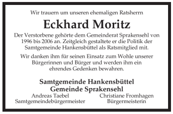 Traueranzeige von Eckhard Moritz von ALLGEMEINE ZEITUNG UELZEN