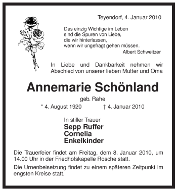 Traueranzeige von Annemarie Schönland von ALLGEMEINE ZEITUNG UELZEN