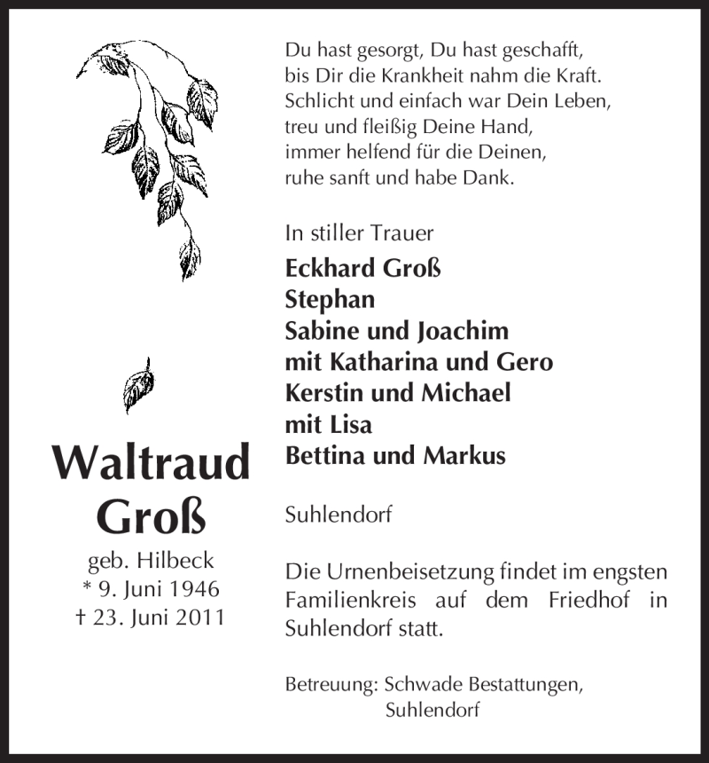  Traueranzeige für Waltraud Groß vom 29.06.2011 aus ALLGEMEINE ZEITUNG UELZEN