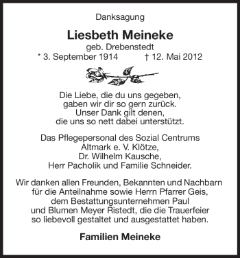 Traueranzeige von Liesbeth Meineke von ALLGEMEINE ZEITUNG UELZEN