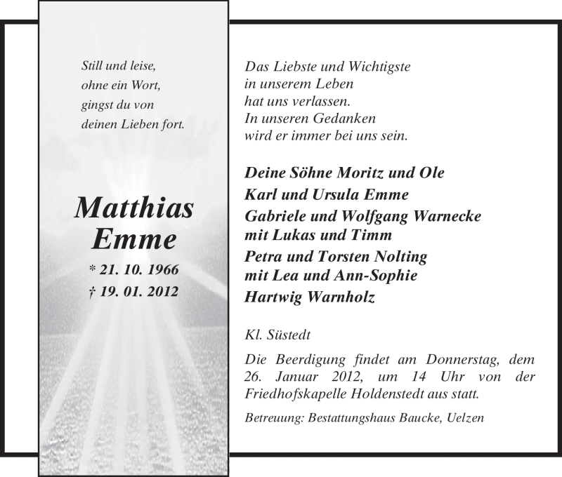  Traueranzeige für Matthias Emme vom 21.01.2012 aus ALLGEMEINE ZEITUNG UELZEN