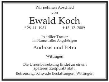 Traueranzeige von Ewald Koch von ALLGEMEINE ZEITUNG UELZEN