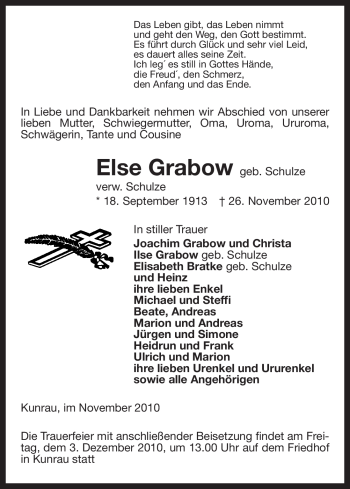 Traueranzeige von Else Grabow von ALLGEMEINE ZEITUNG UELZEN