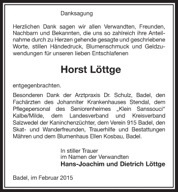 Traueranzeige von Horst Löttge von Uelzen