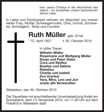 Traueranzeige von Ruth Müller von ALLGEMEINE ZEITUNG UELZEN
