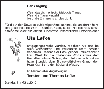 Traueranzeige von Ute Lefke von Uelzen