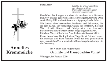 Traueranzeige von Annelies Kremmeicke von ALLGEMEINE ZEITUNG UELZEN