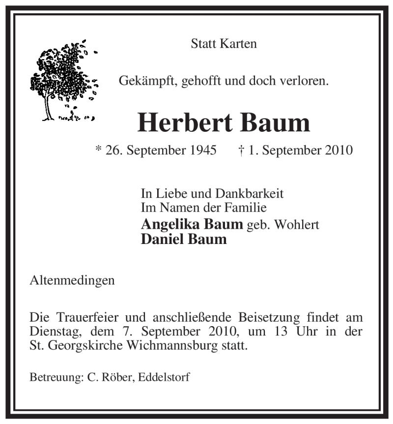  Traueranzeige für Herbert Baum vom 03.09.2010 aus ALLGEMEINE ZEITUNG UELZEN